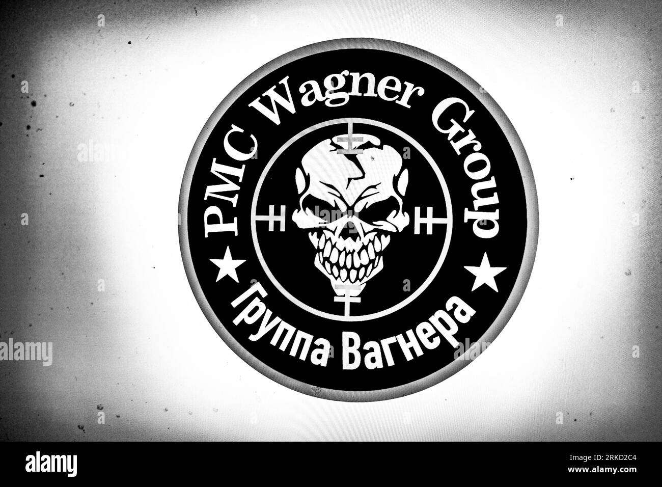 New York, New York, USA. 24th Aug, 2023. The PMC Wagner Group logo. The Russian Private Military Company Wagner Group was led by mercenary Yevgeny Prigozhin, long known as Putin's Chef, who is presumably dead after his plane crashed outside Moscow following his march on Moscow from Ukraine. The Wagner Group operates across the third world and is focused primarily in Africa and Ukraine. (Credit Image: © Taidgh Barron/ZUMA Press Wire) EDITORIAL USAGE ONLY! Not for Commercial USAGE! Stock Photo