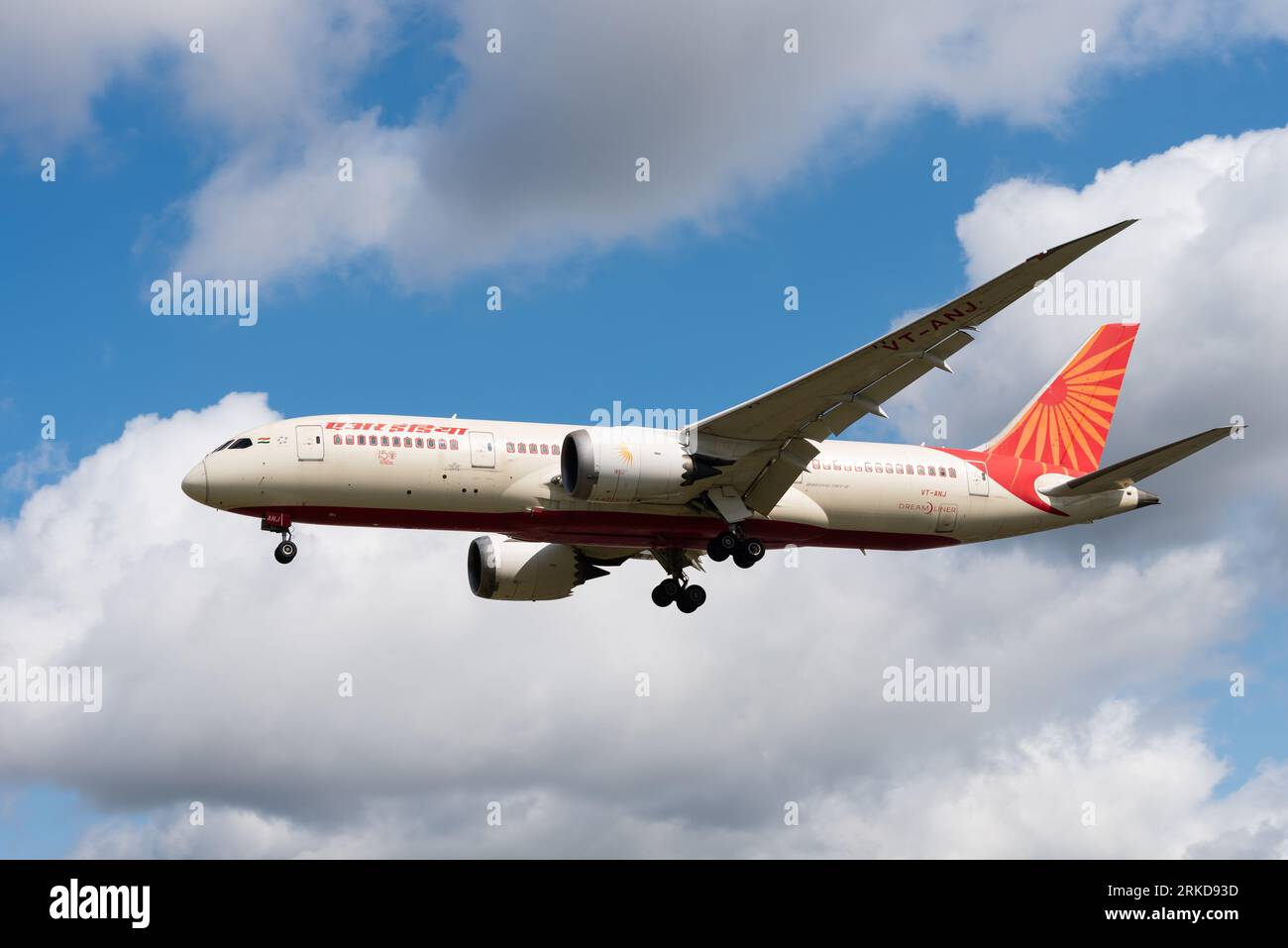 Air India Boeing 787-8 Dreamliner jet airliner plane VT-ANJ on finals to land at London Heathrow Airport, UK. Owned by Talace Private Limited, of Tata Stock Photo