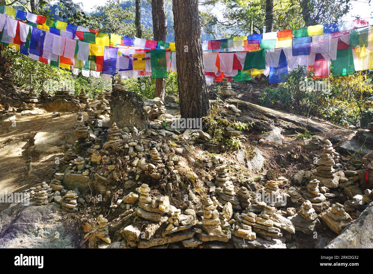 Prayer flags strung in the trees form a colorful background behind dozens of stone cairns stacked by travelers on the trail to Tiger's Nest Monastery Stock Photo