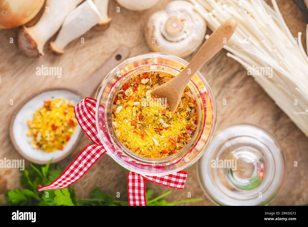 Homemade vegetable broth powder, organic vegetable stock, with raw vegetables, mushrooms and