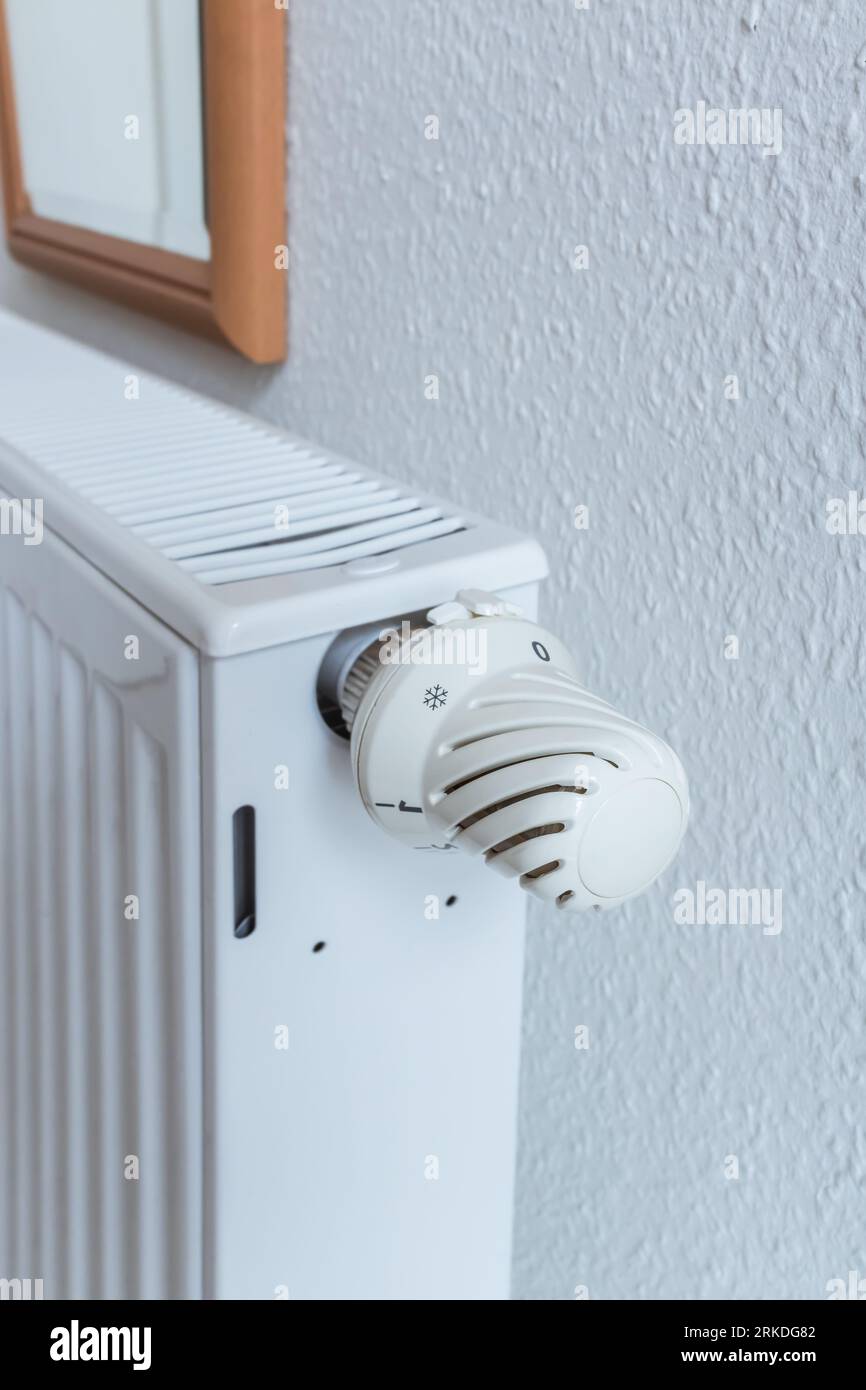 Detail of turned off thermostat, temperature knob of heating radiator