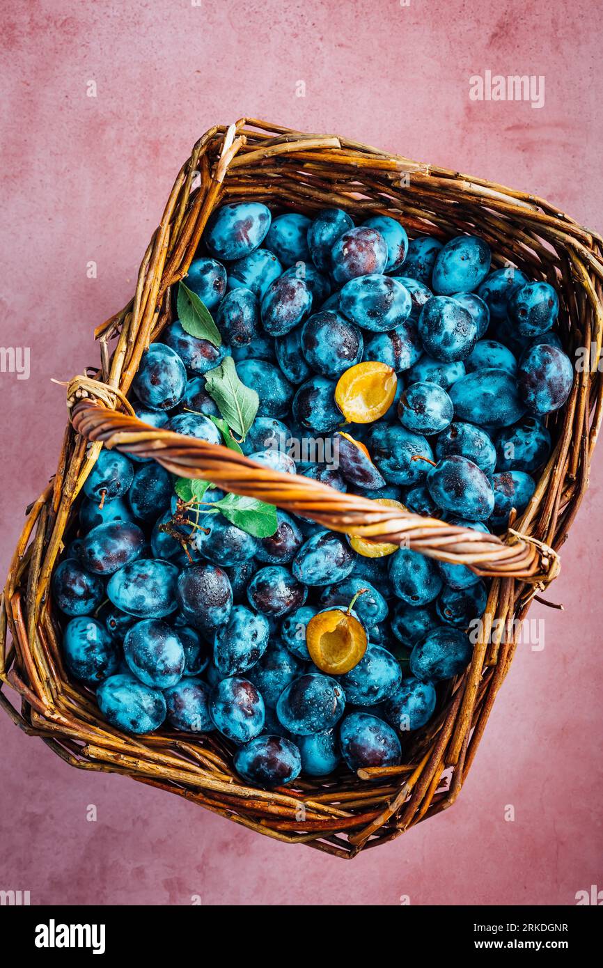 Freshly picked plums in a basket. Organic food and harvesting concept Stock Photo