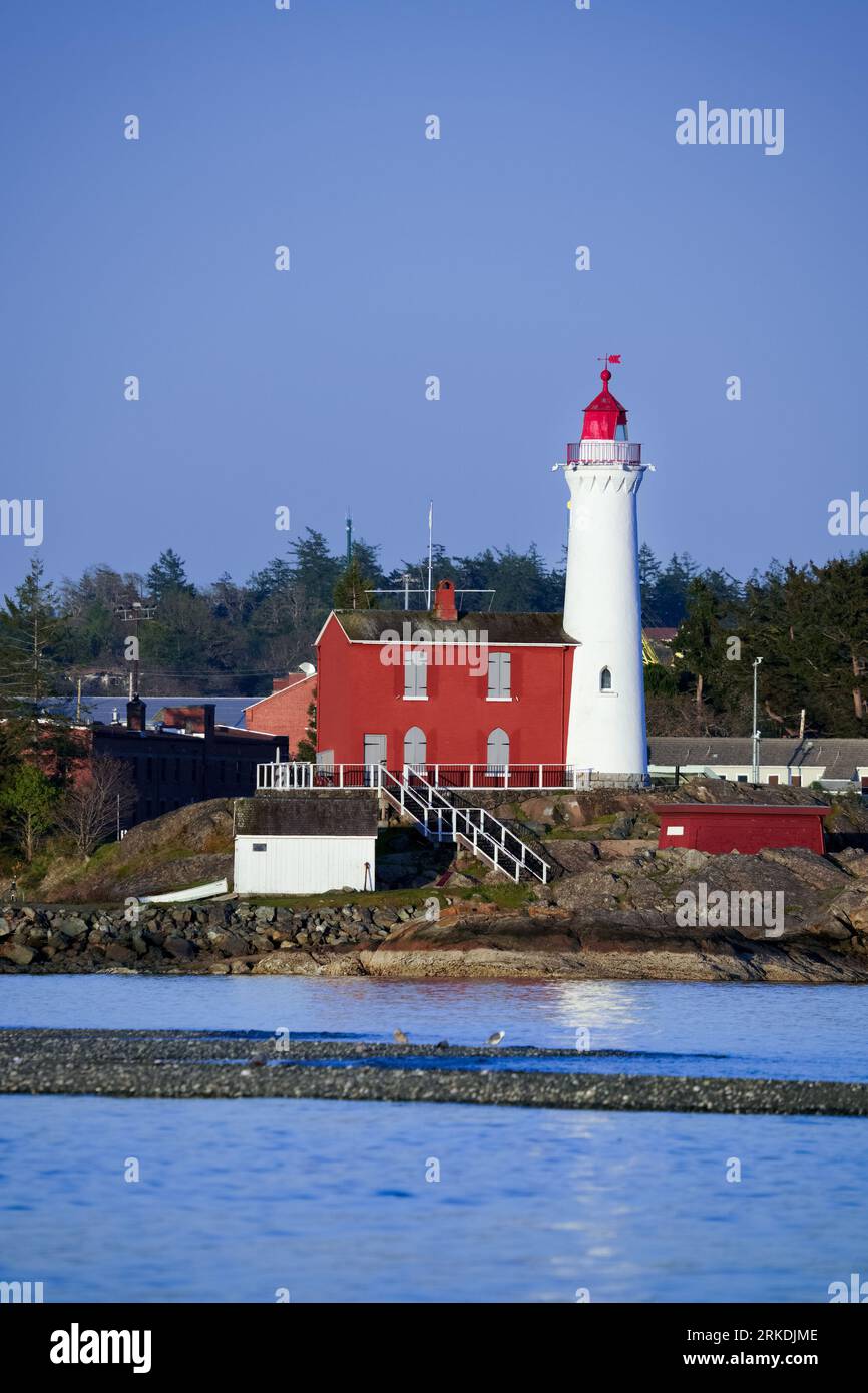 The Fisgard Lighthouse at the Fort Rodd Hill National Historic site near Victoria, Vancouver Island, British Columbia, Canada. Stock Photo