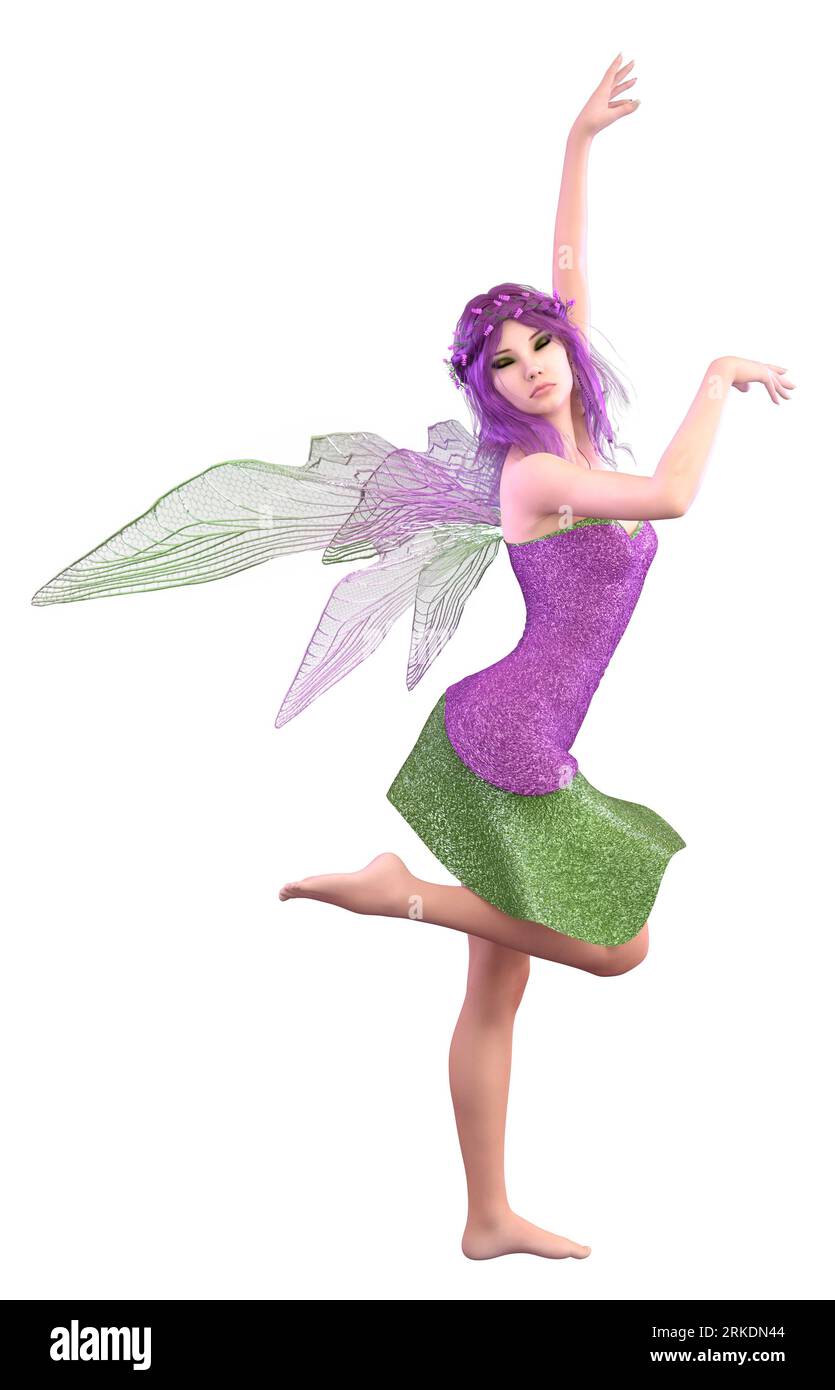 Magical fairy girl in purple green outfit with wings, 3D Illustration. Stock Photo