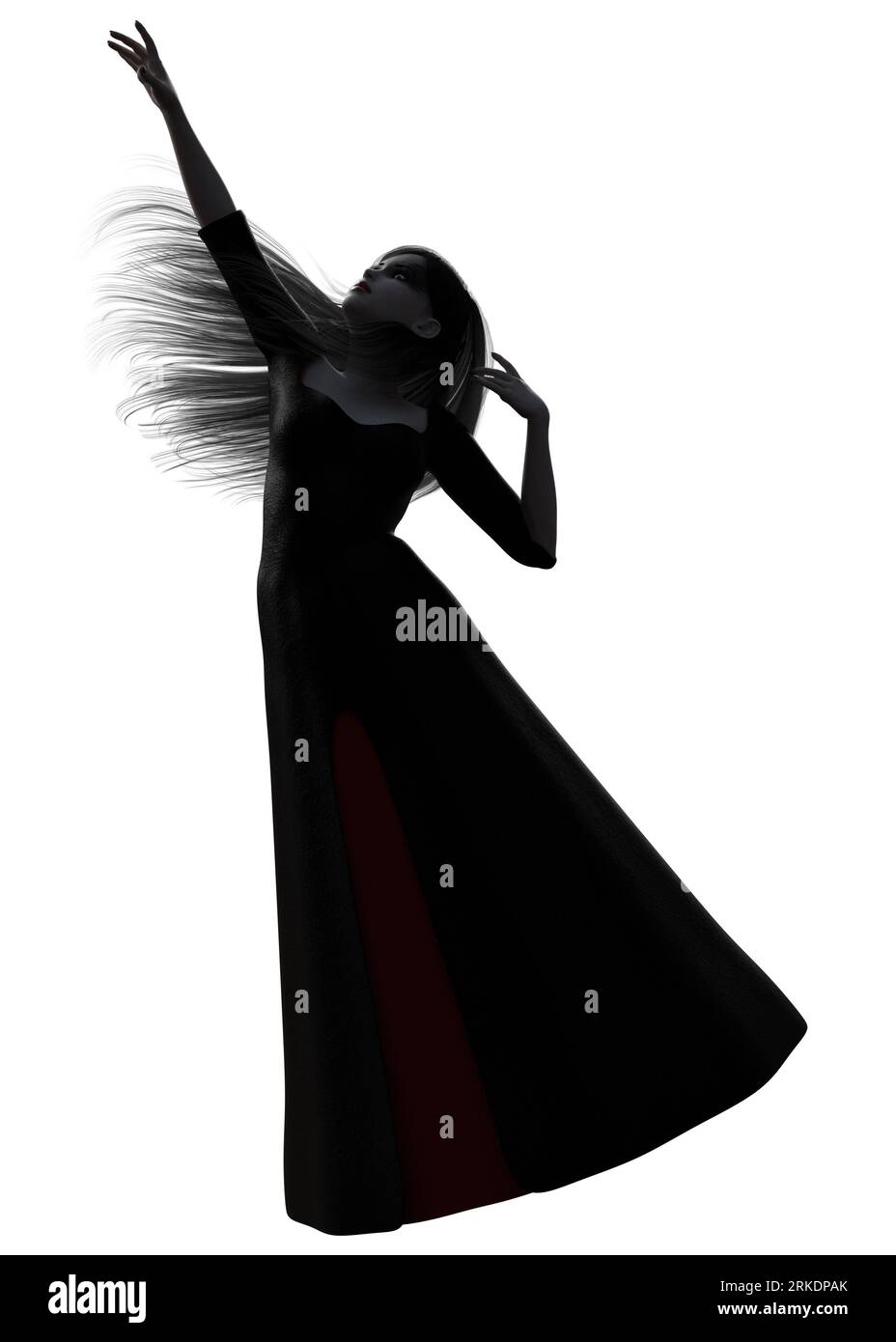 Ghost or witch gothic woman in black medieval dress, 3D Illustration. Stock Photo
