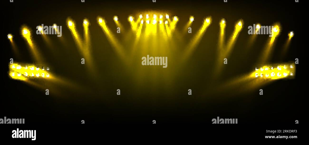 Realistic yellow spotlights shining bright on black background. Vector