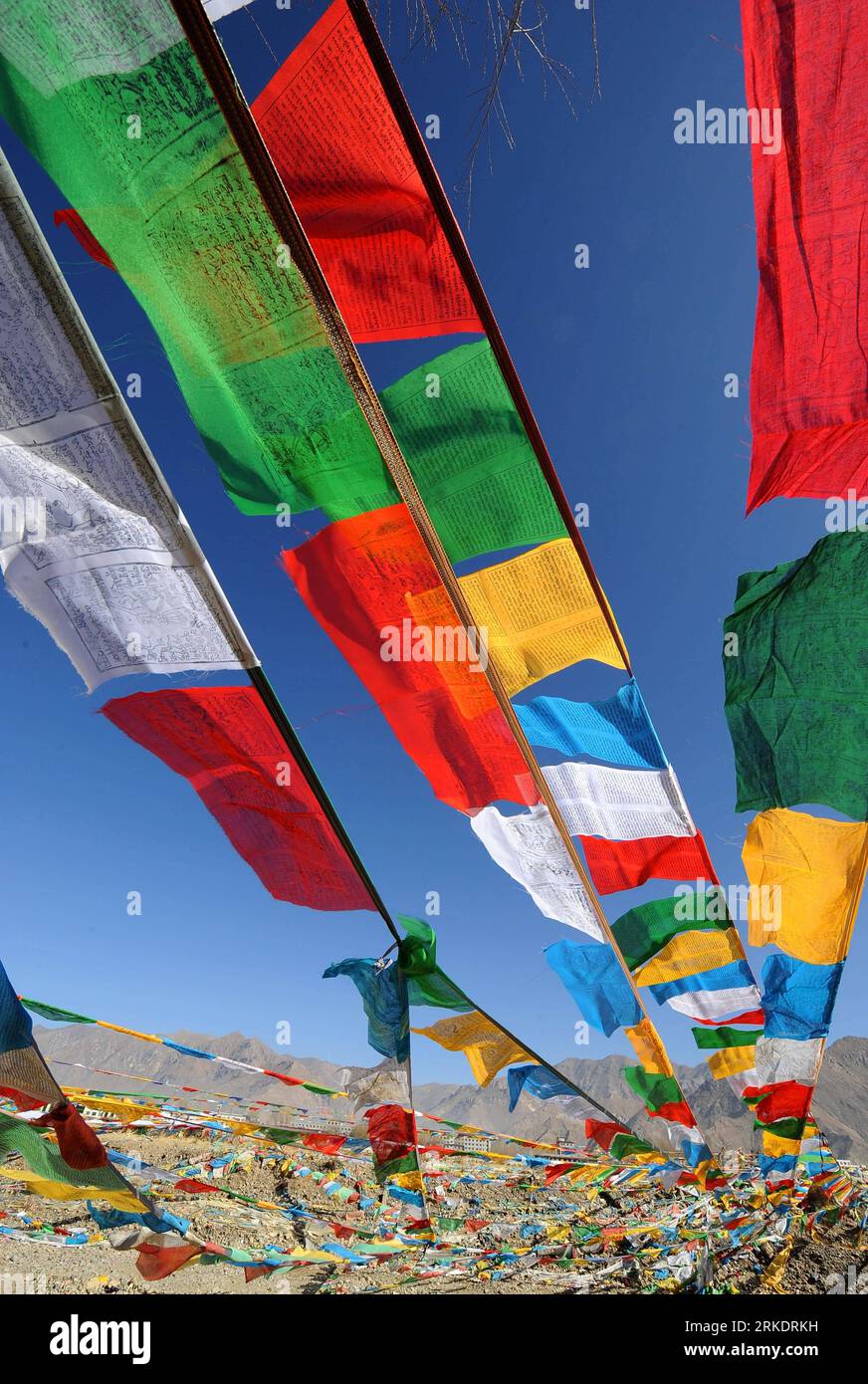 Bildnummer: 54990902  Datum: 07.03.2011  Copyright: imago/Xinhua (110307) -- LHASA, March 7, 2011 (Xinhua) -- Prayer flags are seen in the wind in Lhasa, capital of southwest China s Tibet Autonomous Region, March 7, 2011, the third day of Tibetan New Year or Losar. Losar can be traced back to the pre-Buddhist period in Tibet when Tibetans practised the Bon religion. (Xinhua/Chogo) (lfj) CHINA-TIBET-LOSAR CELEBRATION (CN) PUBLICATIONxNOTxINxCHN Gesellschaft kbdig xub 2011 hoch  o0 Tradition Neujahr Gebetsfahnen   Gebetsflaggen   Gebetsfahne   Gebetsflagge    Bildnummer 54990902 Date 07 03 2011 Stock Photo