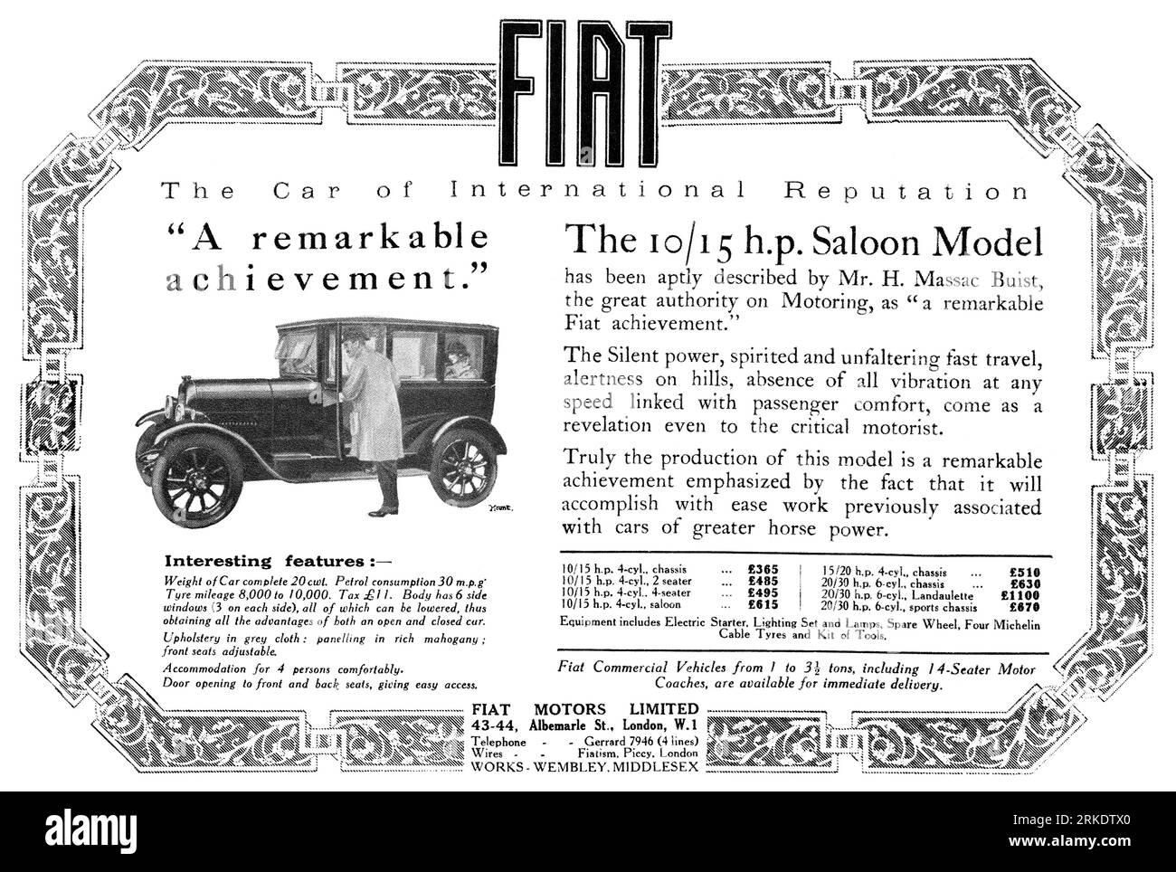 1923 British advertisement for the Fiat 10/15 h.p. saloon model motor car. Stock Photo