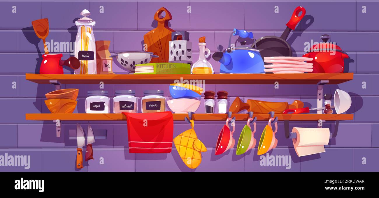 Kitchen Help Objects Kitchen shelf with utensil and dish vector set. Kitchenware tool object ...