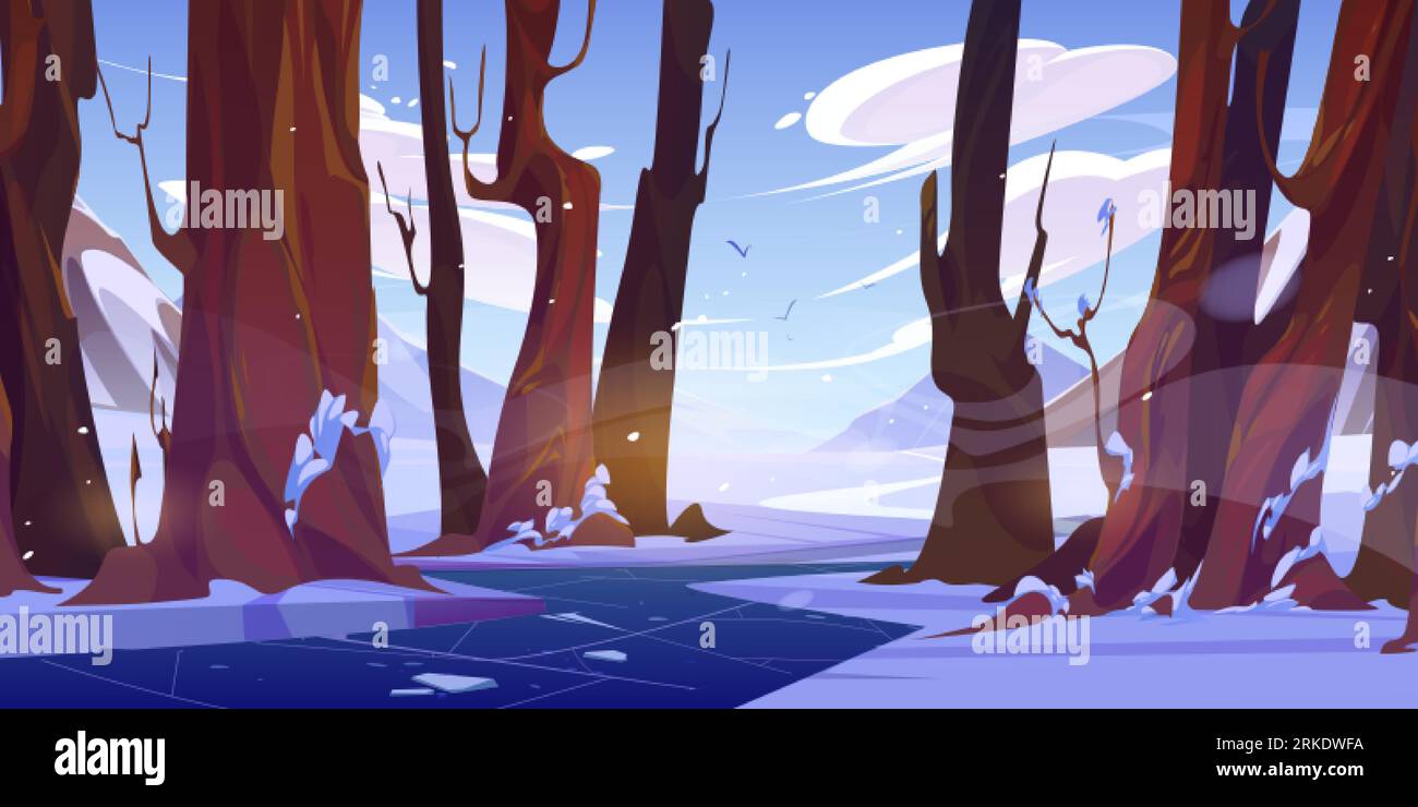 Winter season nature, mountain river flowing in forest. Vector cartoon ...