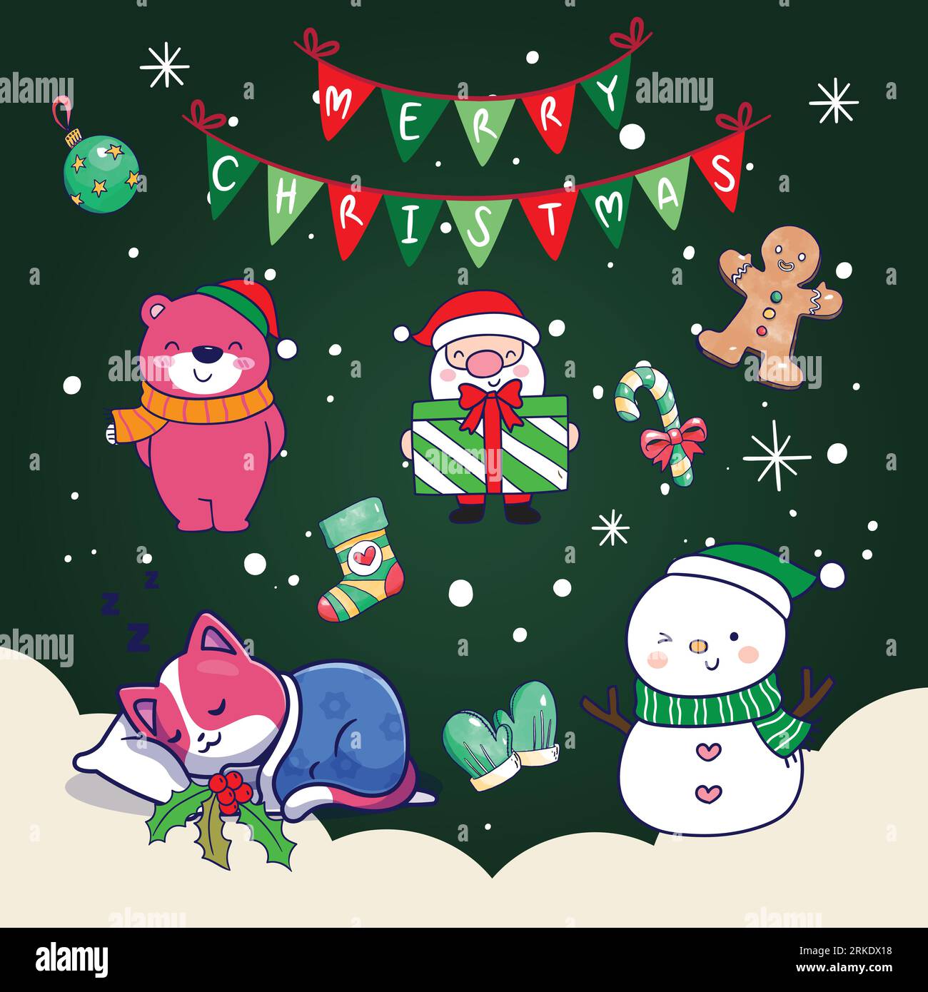 Christmas and New Year greeting card with cute cartoon characters ...