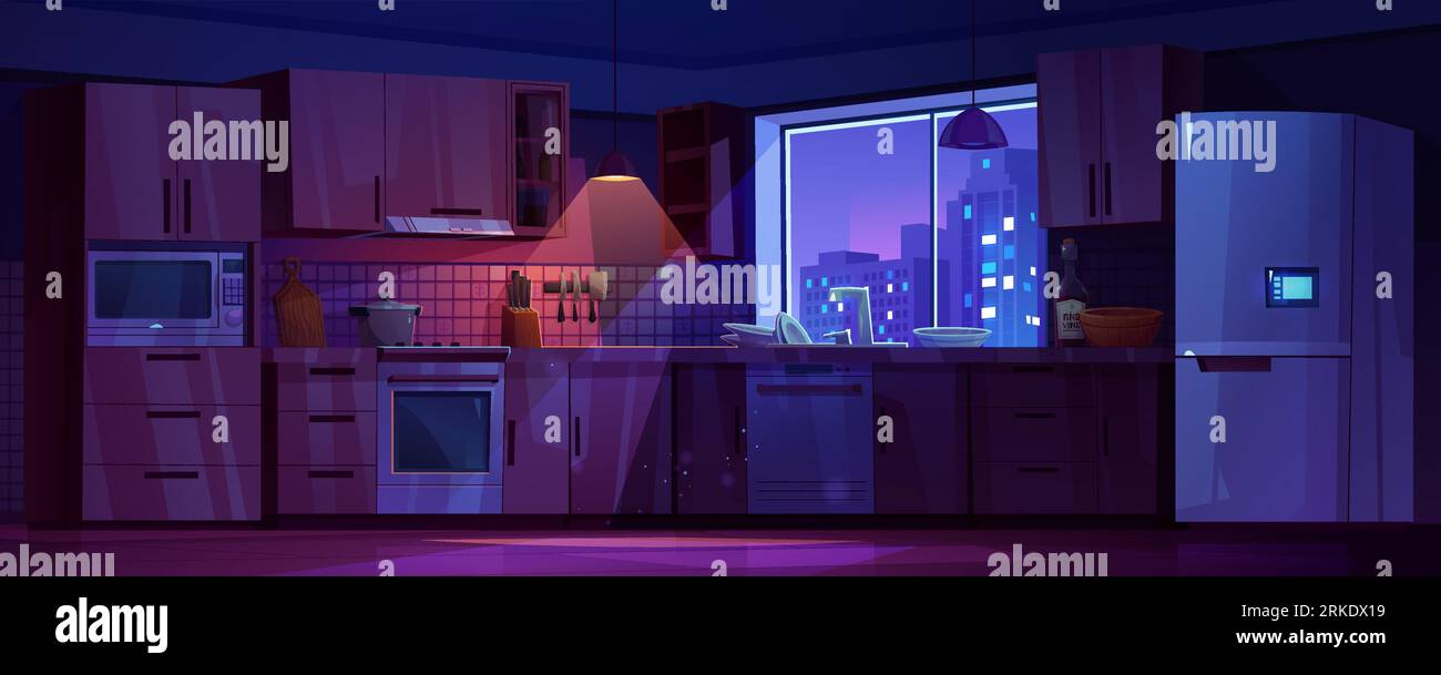Kitchen interior, house room with fridge, tables, stove and window at night. Empty dark kitchen with modern refrigerator, microwave, dishwasher and pl Stock Vector