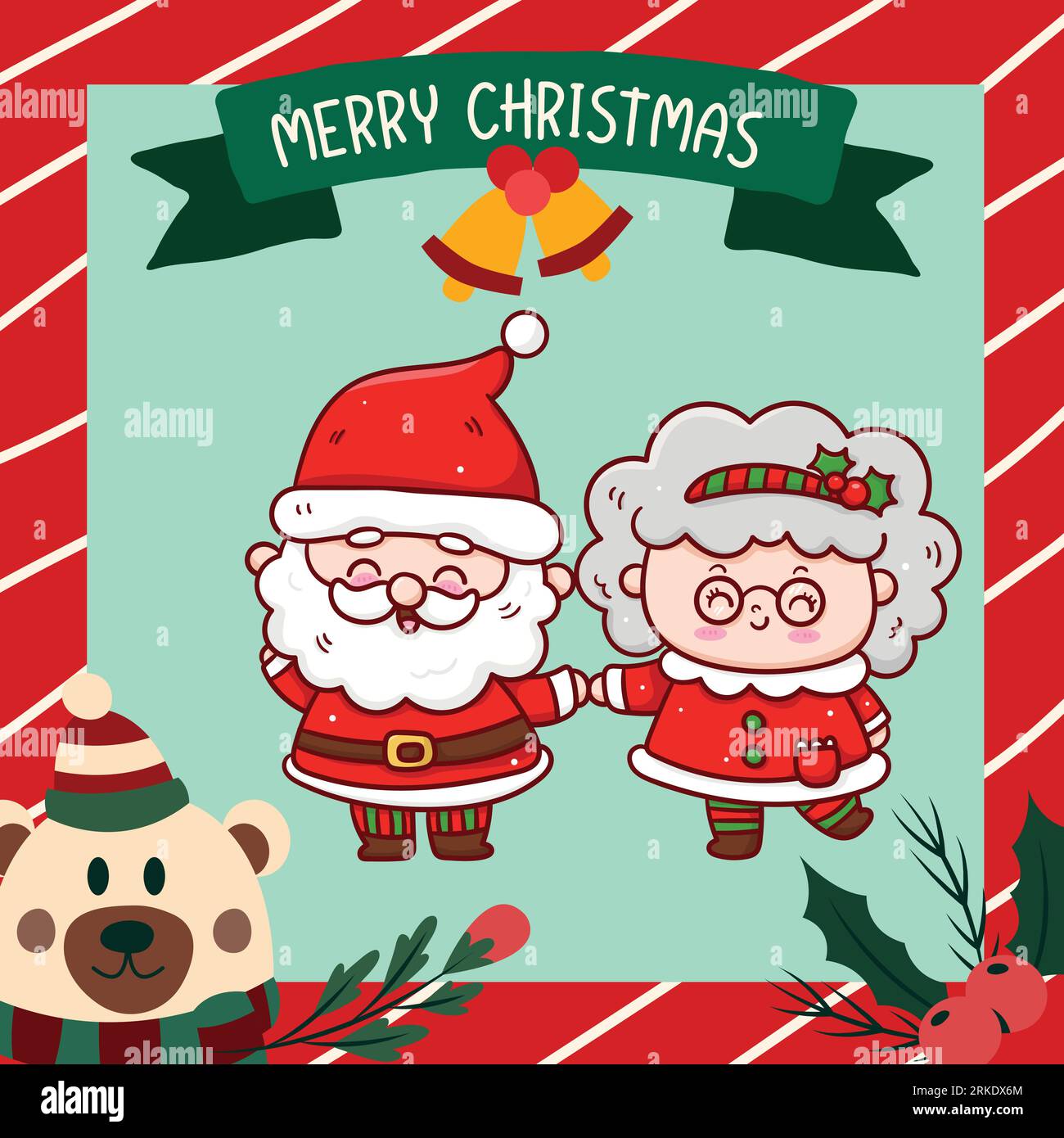 Merry Christmas greeting card with Santa Claus and elf. Vector ...