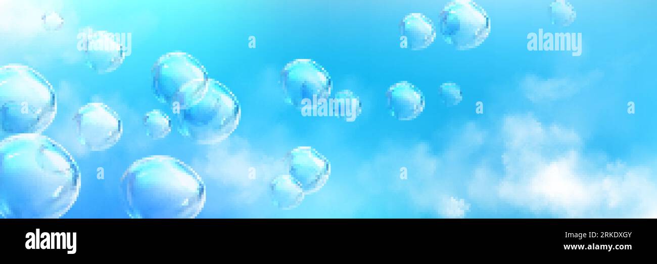Realistic soap bubbles flying high in blue sky with fluffy white clouds. Vector illustration of transparent balls floating in air, laundry foam balls Stock Vector
