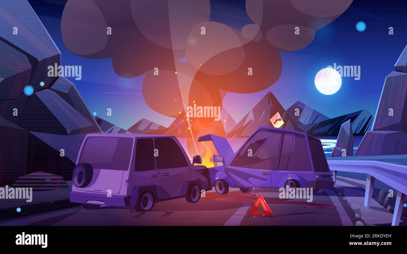 Night car crash on mountain road traffic vector illustration