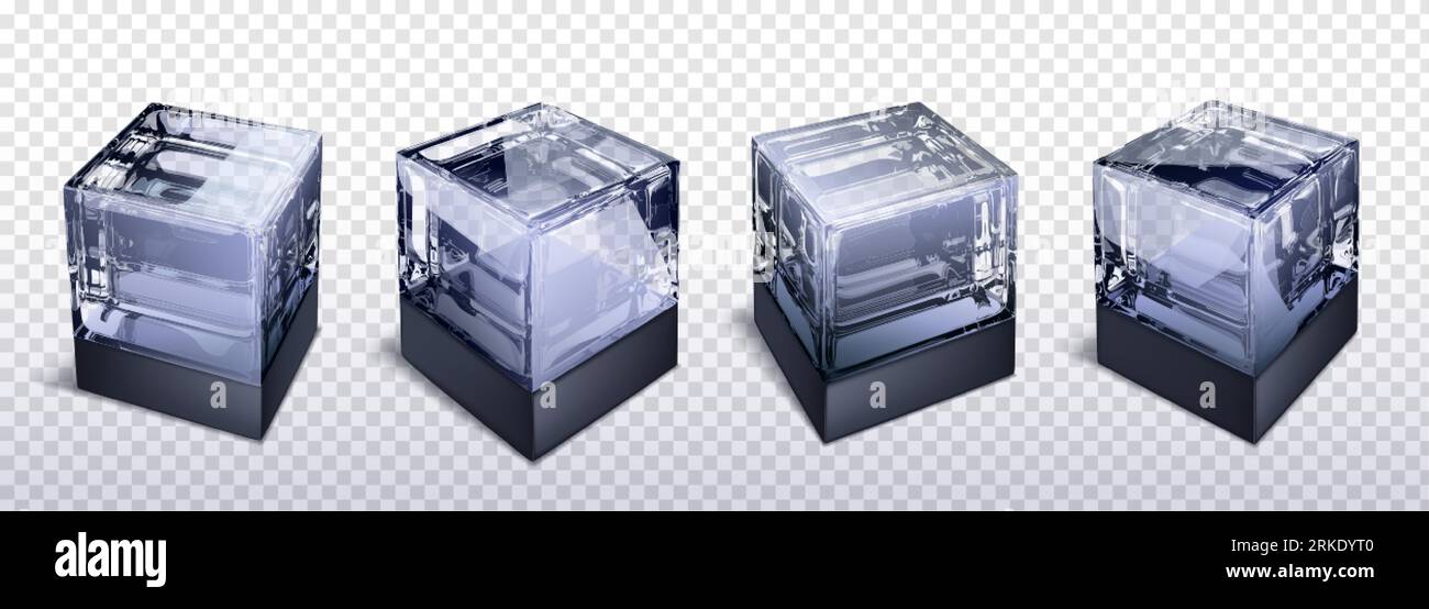 3d glass cube box vector isolated on transparent background. Crear black and white realistic geometric block with reflection. Glossy acrylic object de Stock Vector