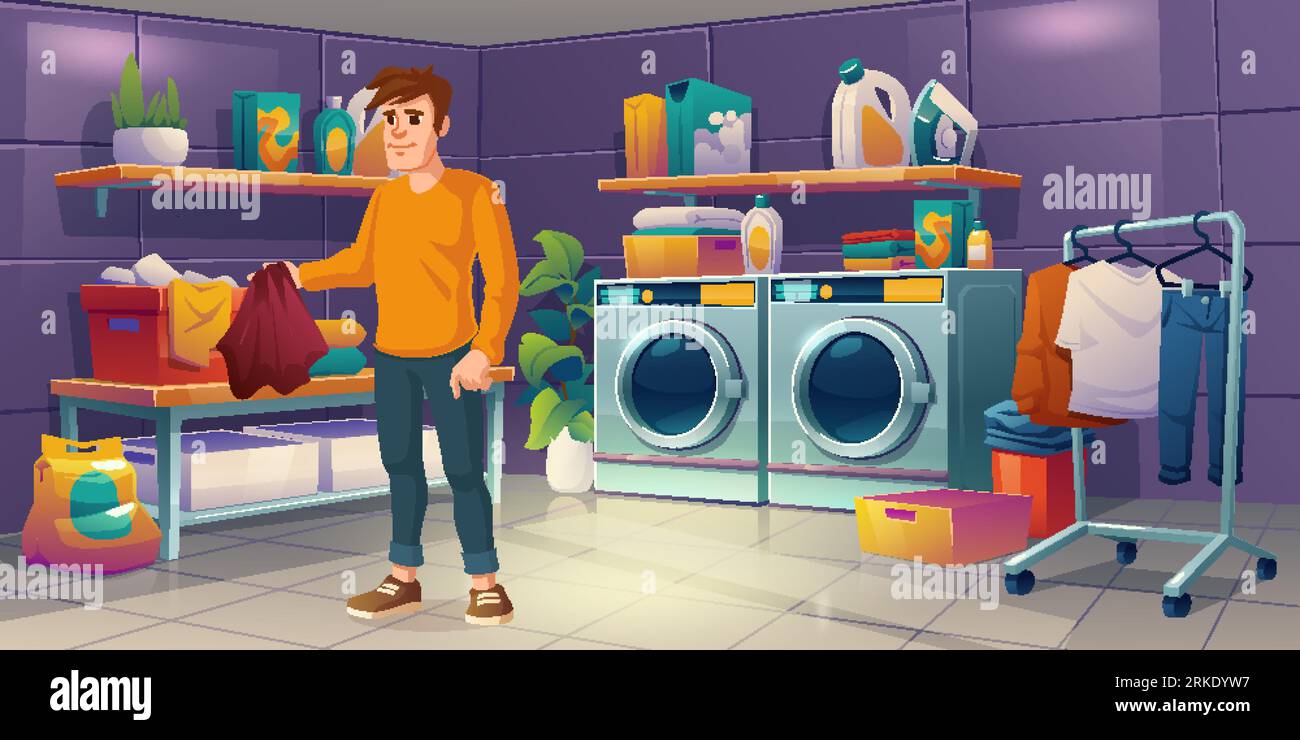 Man in laundry room with machine and iron cartoon interior illustration