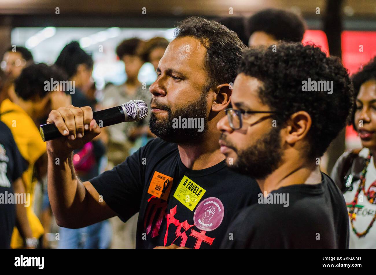 Rio De Janeiro, Brazil. 24th Aug, 2023. Federal deputy Henrique Vieira from PSOL (Socialism and Freedom) party, speaks during the demonstration. Activists, black social movements and politicians held a demonstration against the police violence in slums of the Rio de Janeiro. The demonstration was national movement that was rallied in all country. Credit: SOPA Images Limited/Alamy Live News Stock Photo