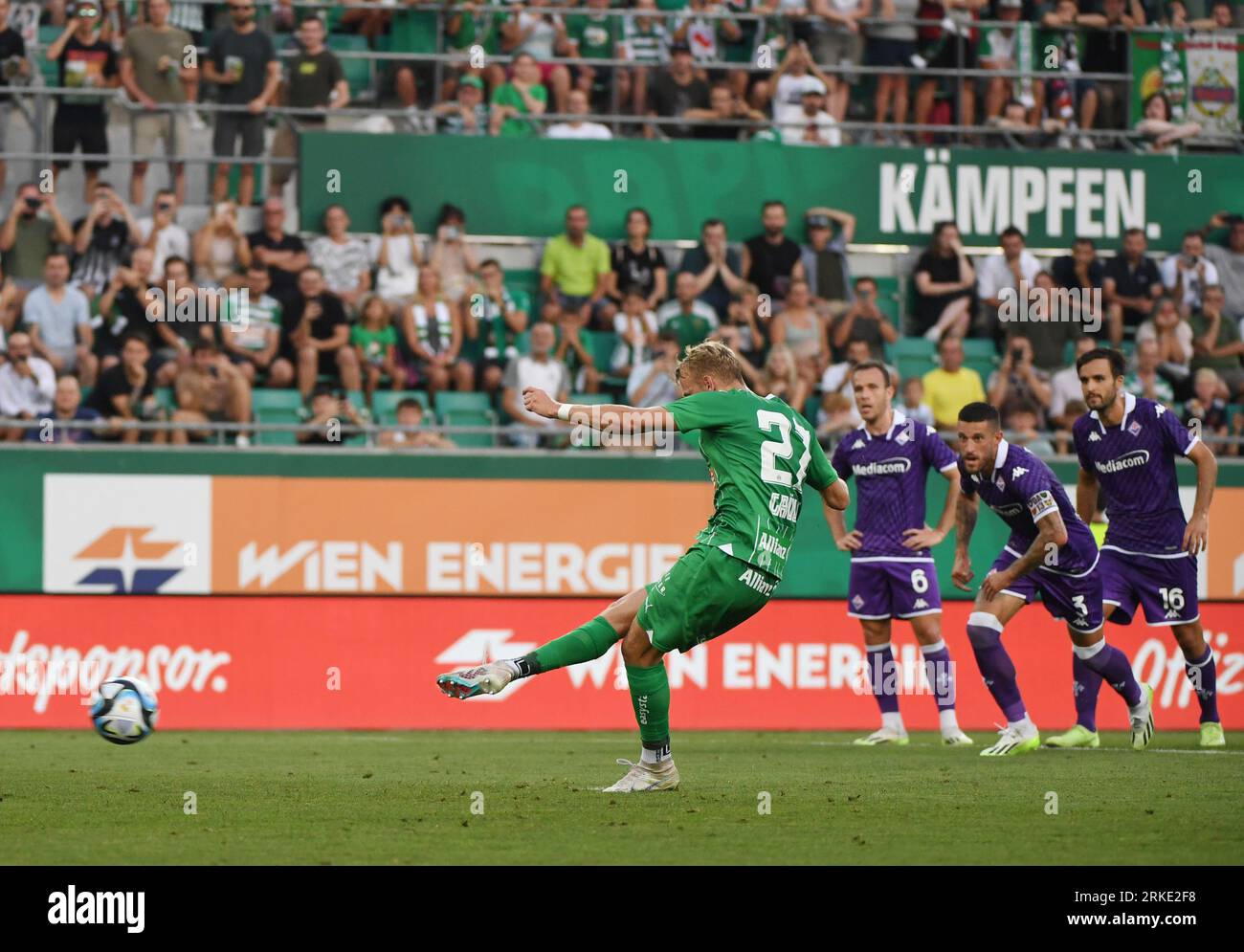 Vienna, Austria. 24th Aug, 2023. Marco Grull (1st L) of SK Rapid scores