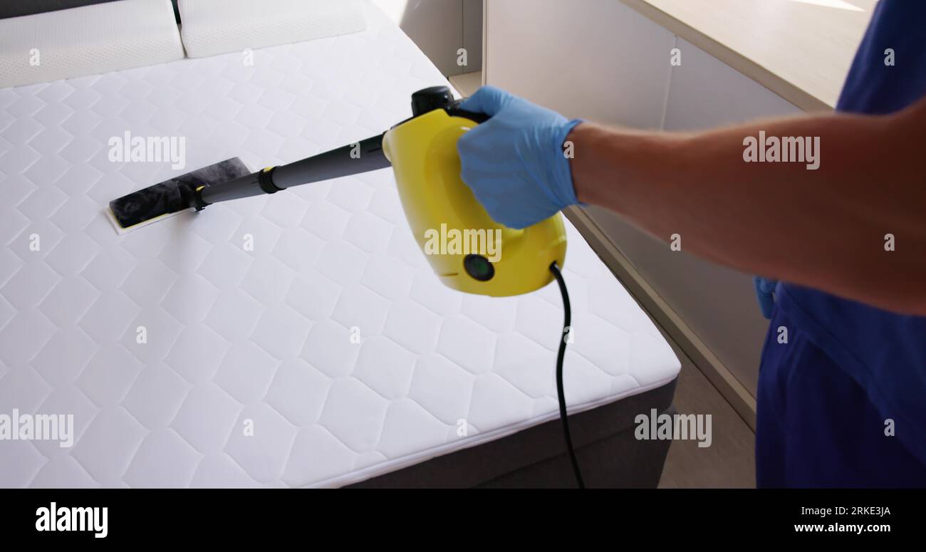 Cleaning Bed Mattress With Steam Machine. Bed Bugs Treatment Stock