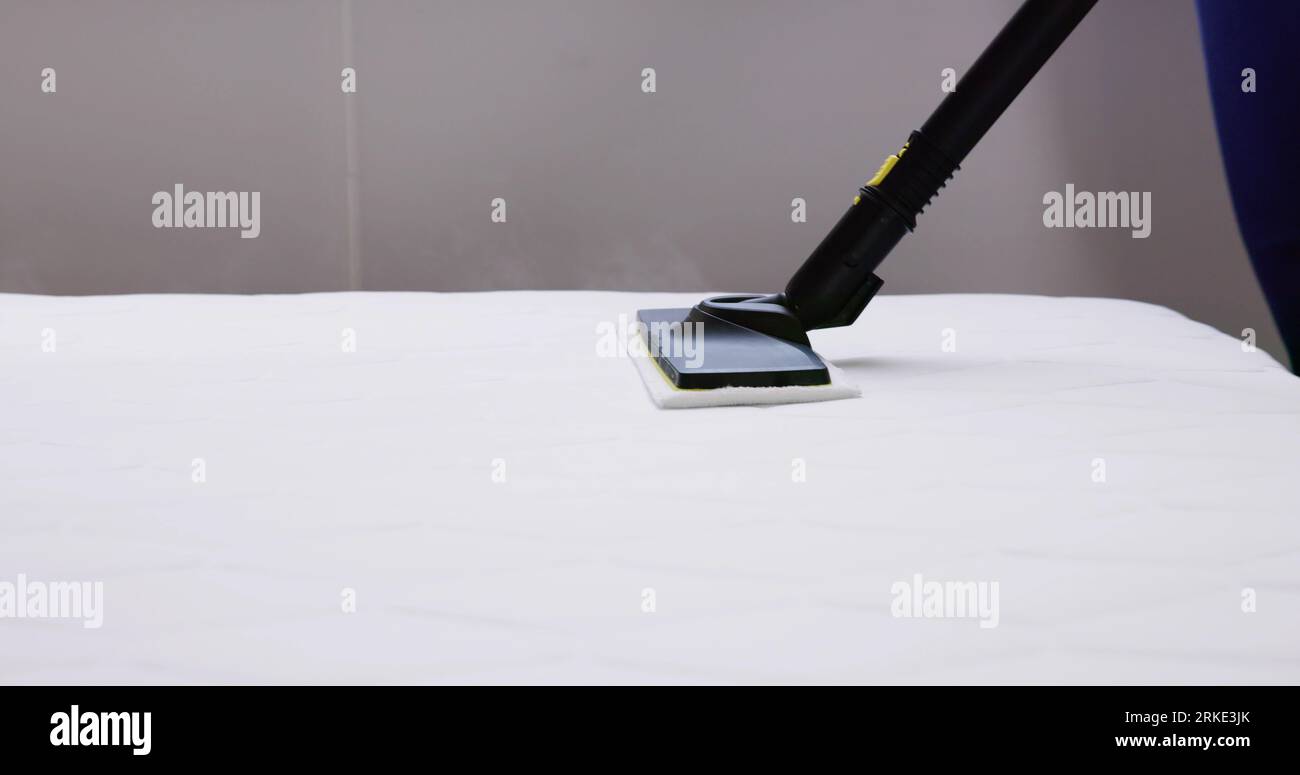 Cleaning Bed Mattress With Steam Machine. Bed Bugs Treatment Stock Photo