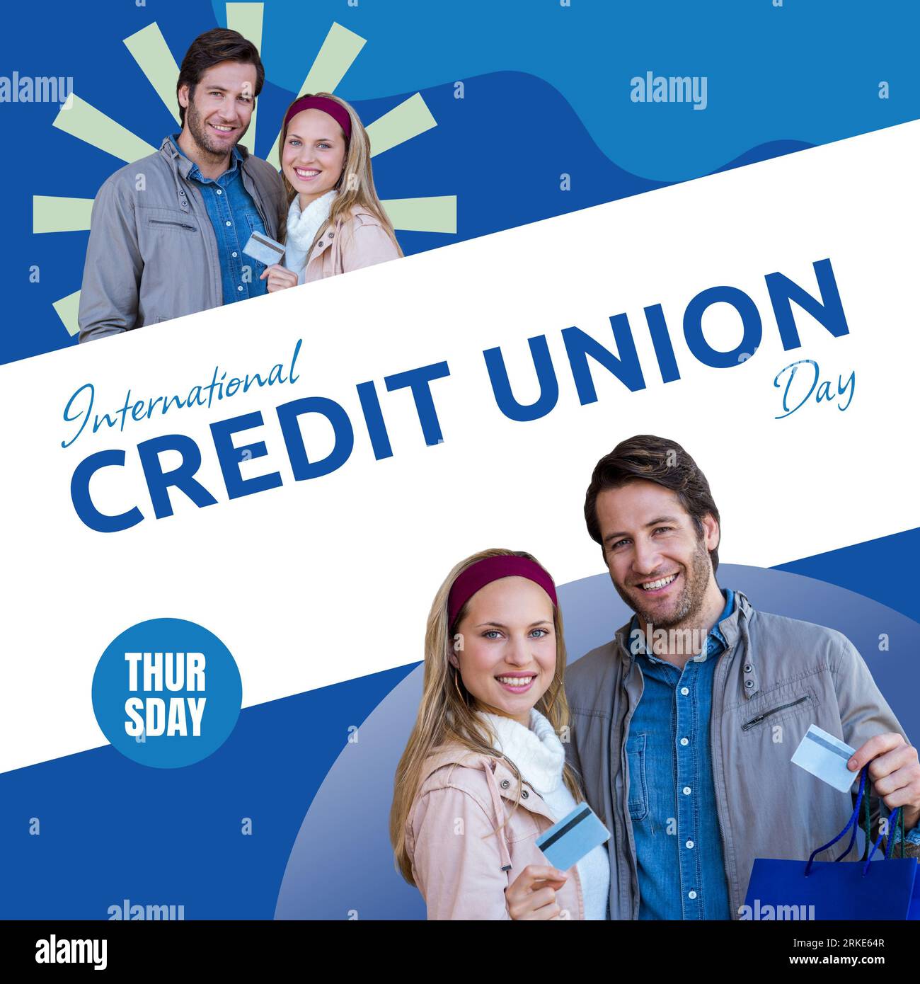 Composite of caucasian couple with credit card and thursday, international credit union day text Stock Photo