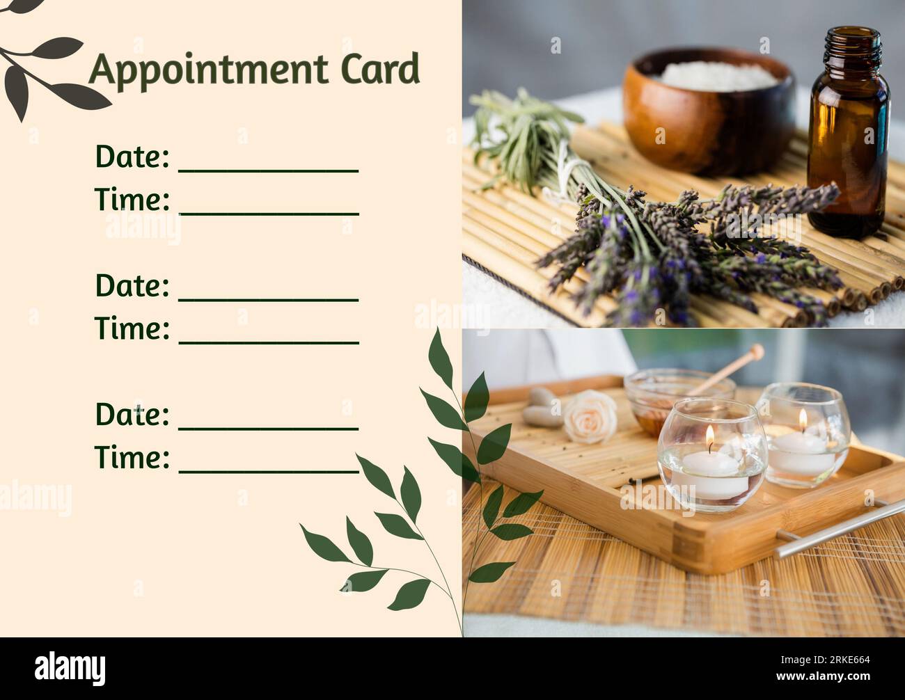 Composite of candles with lavender, essential oil, salt and appointment card with date and time text Stock Photo