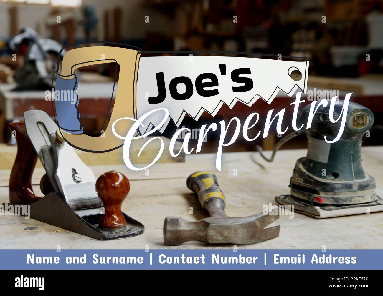 Composite of handsaw and joe's carpentry text, workbench in workshop, name surname, contact, email Stock Photo