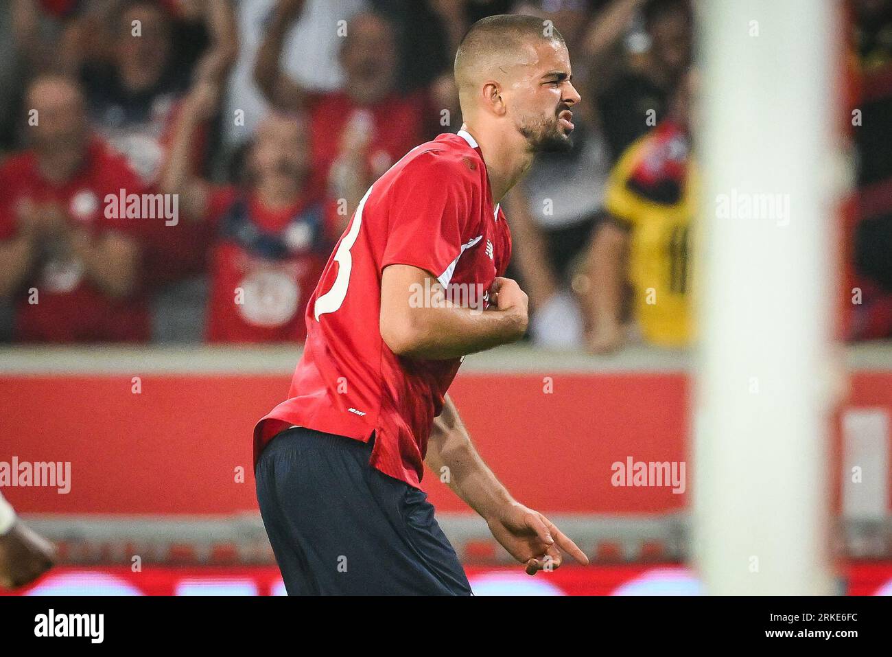 Lille, France. 24th Aug, 2023. Edon Zhegrova of Lille celebrates his goal  during the UEFA Europa Conference League match between Lille Olympique  Sporting Club and HNK Rijeka played at Stade Pierre-Mauroy on