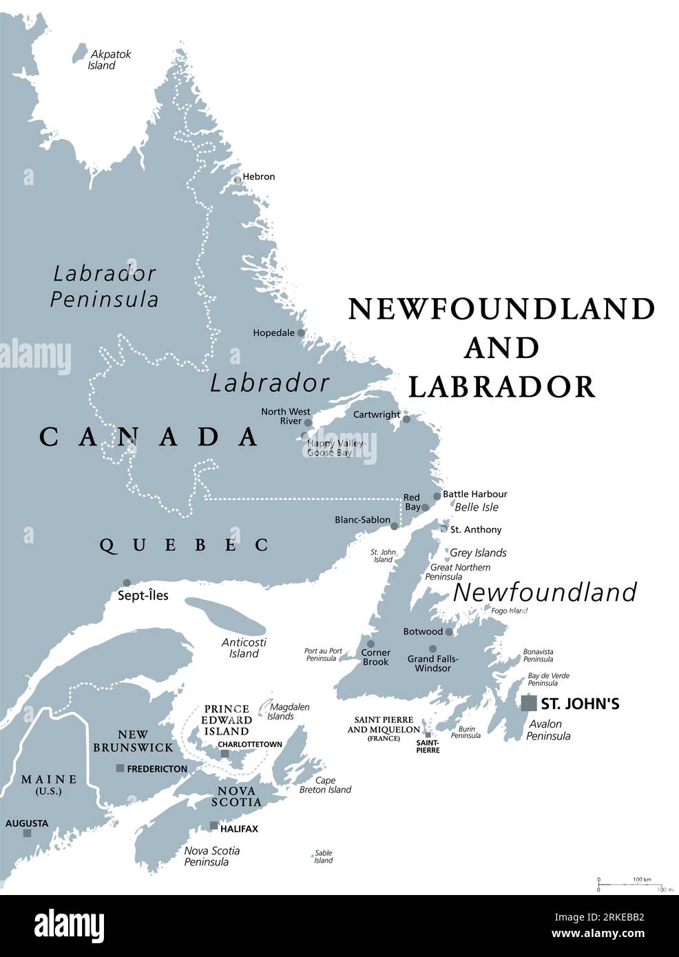 Newfoundland and Labrador, gray political map. Province of Canada, in the Atlantic region. With capital St. Johns, Newfoundland and Labrador. Stock Photo