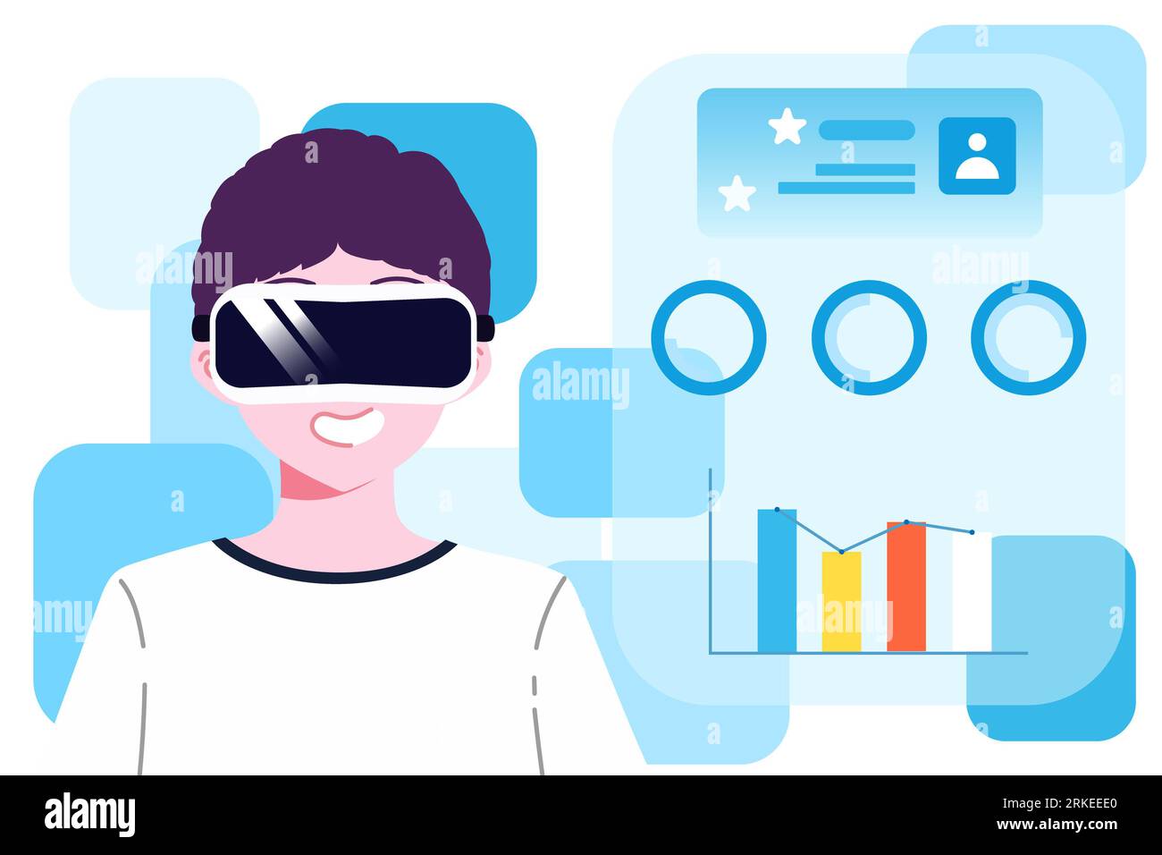 A young man character wearing virtual reality headset experiencing on futuristic interface 3D world. Young people entering virtual simulation. Stock Photo