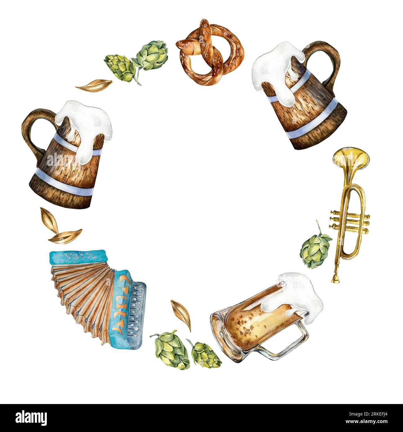 Circle frame of wooden barrel, pint of beer, German hat, accordion watercolor illustration isolated on white. Pretzel, trumpet, beer, hops hand drawn Stock Photo