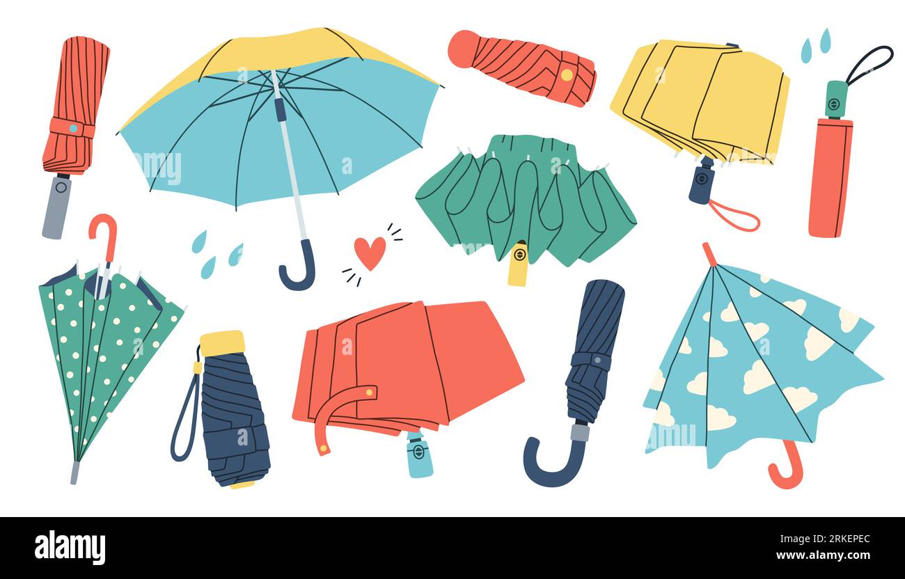 Open, closed and folded umbrellas set. Rain protecting accessories with handles of different design, type.  Stock Vector