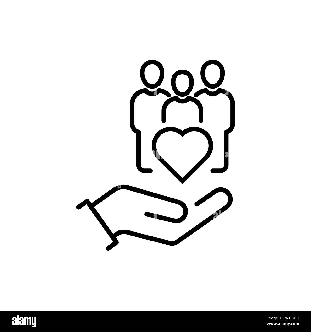 hand with heart community, icon, concept empathy or charity, solidarity love, care people, volunteer support, thin line symbol on white background - e Stock Vector