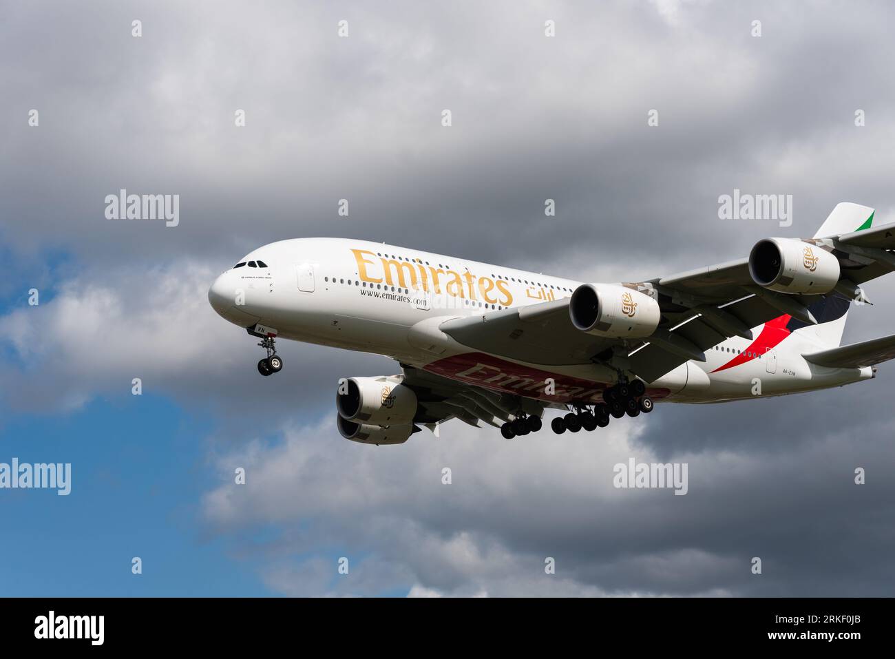 Emirates Airbus A380 jet airliner plane A6-EVN on finals to land at ...