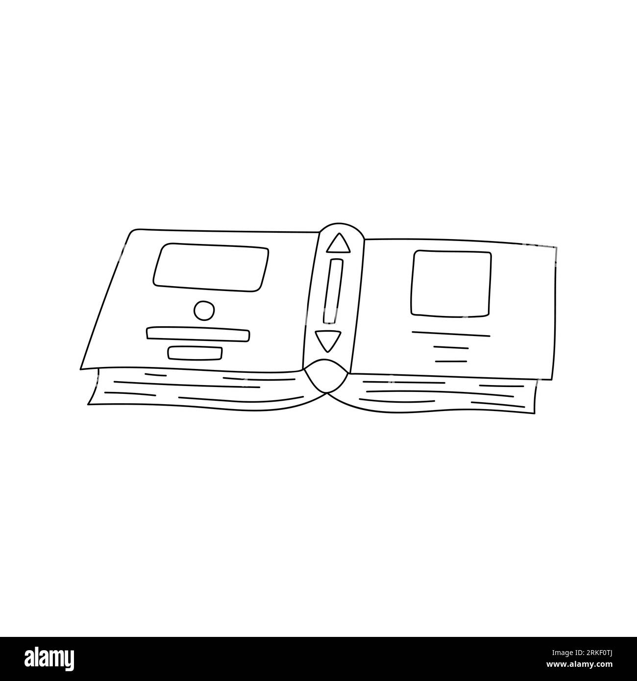 Hand drawn open book lies on the table, its pages turned facing downward. Unfinished book in doodle style. Black and white outline vector illustration Stock Vector