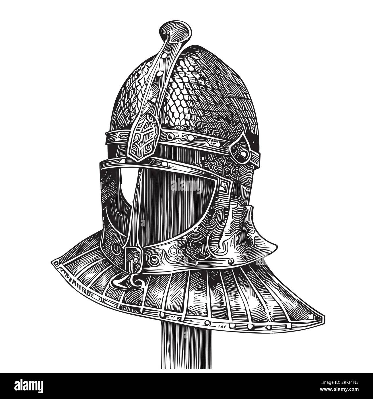 Knight helmet medieval sketch hand drawn Middle Ages illustration Stock