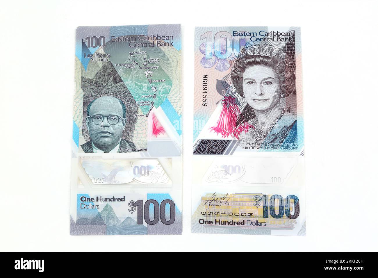 Eastern Caribbean Central Bank Polymer Dollars  2019 issue Vertical Format 100 Dollars Reverse Side Showing Sir William Arthur Lewis and view of the L Stock Photo