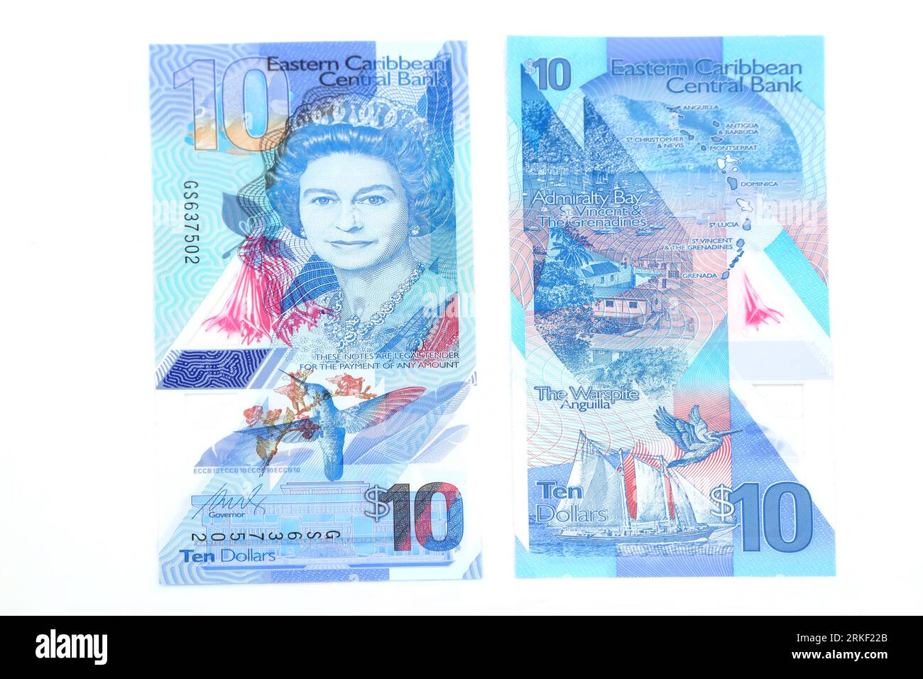 Eastern Caribbean Central Bank Polymer Dollars  2019 issue Vertical Format 10 Dollars Reverse Side Showing Admiralty Bay and Map of the Eastern Caribb Stock Photo