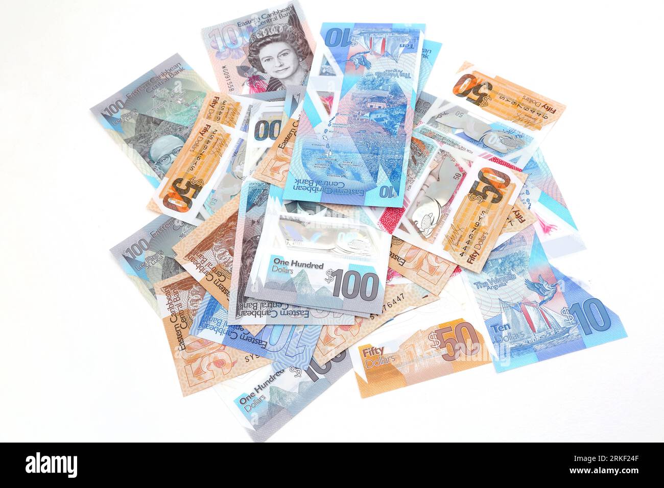 Pile of 2019 Issue Vertical Format Polymer Eastern Caribbean Central Bank Dollars Banknotes Stock Photo