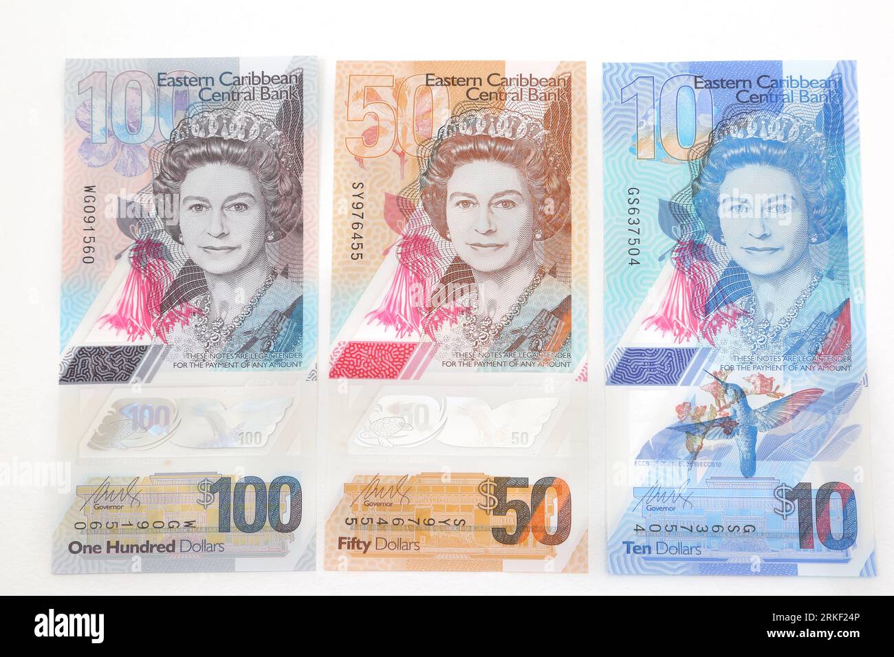 Eastern Caribbean Central Bank Polymer Dollars  2019 issue Banknotes  Vertical Format Queen Elizabeth II on Obverse Stock Photo