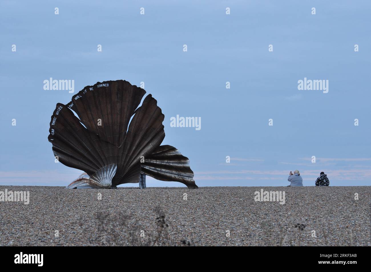 Maggie Hambling's Scallop sculpture on Aldeburgh beach, Suffolk, England, UK Stock Photo