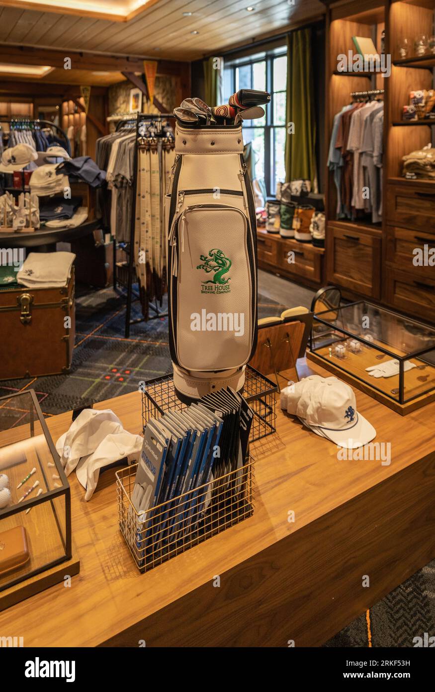 A professional golf shop located just outside of Boston, Massachusetts, featuring merchandise from Treehouse Brewing Stock Photo