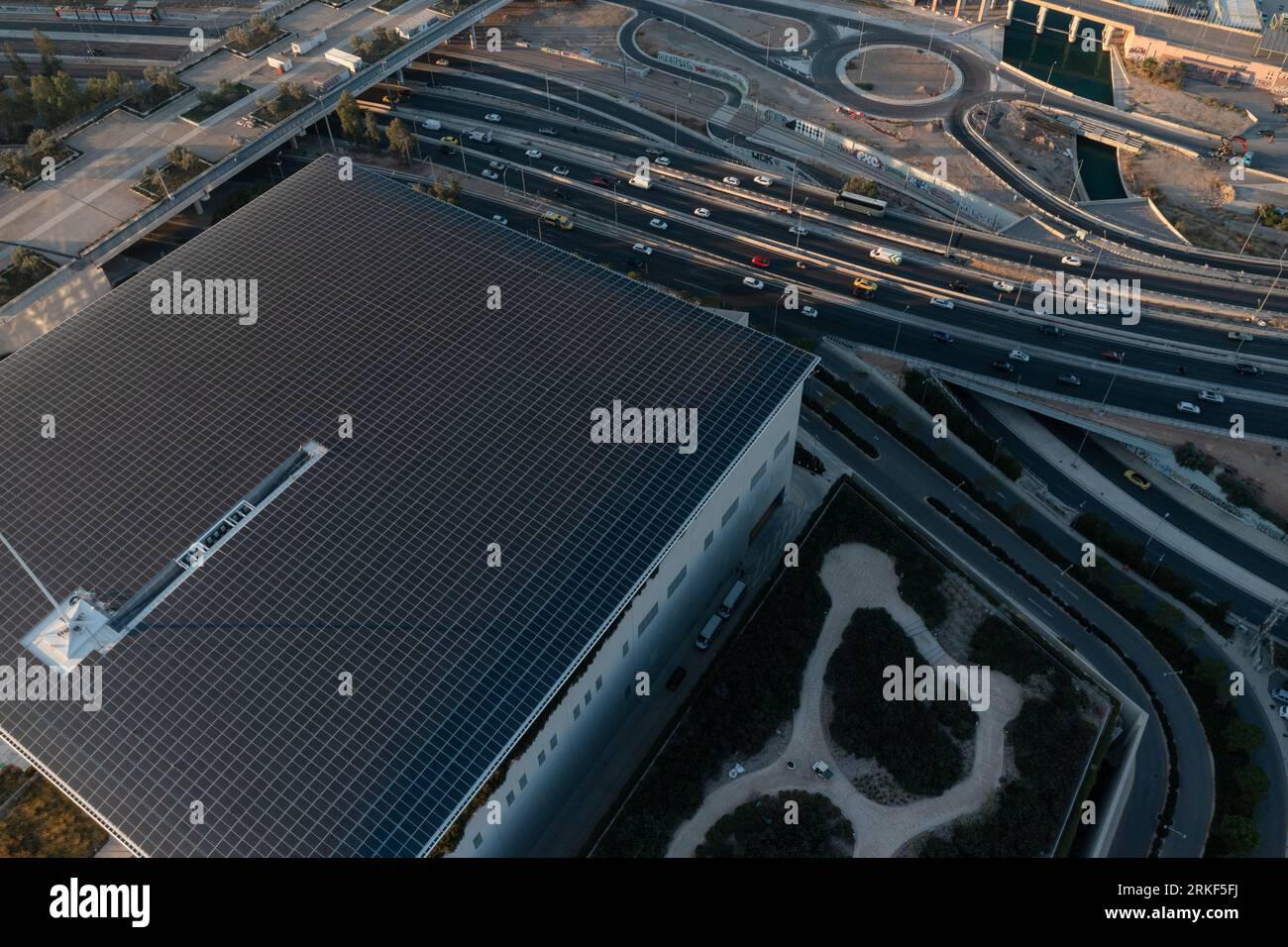 Sustainable Athens Opera House Rooftop Overlooking highspeed road Stock Photo