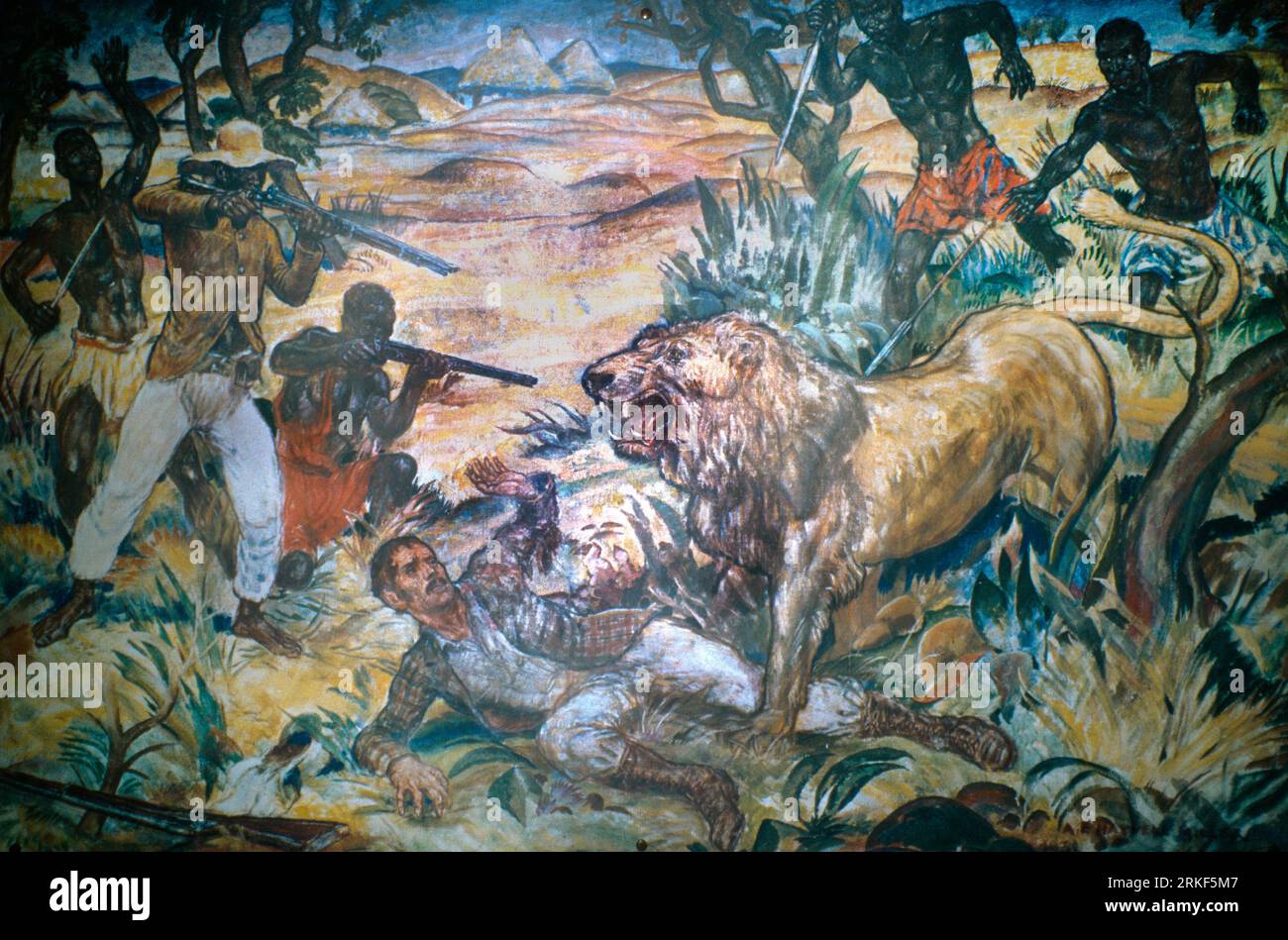 Glasgow Scotland Painting of David Livingstone Attacked By A Lion in Africa By E Haswell Miller Stock Photo