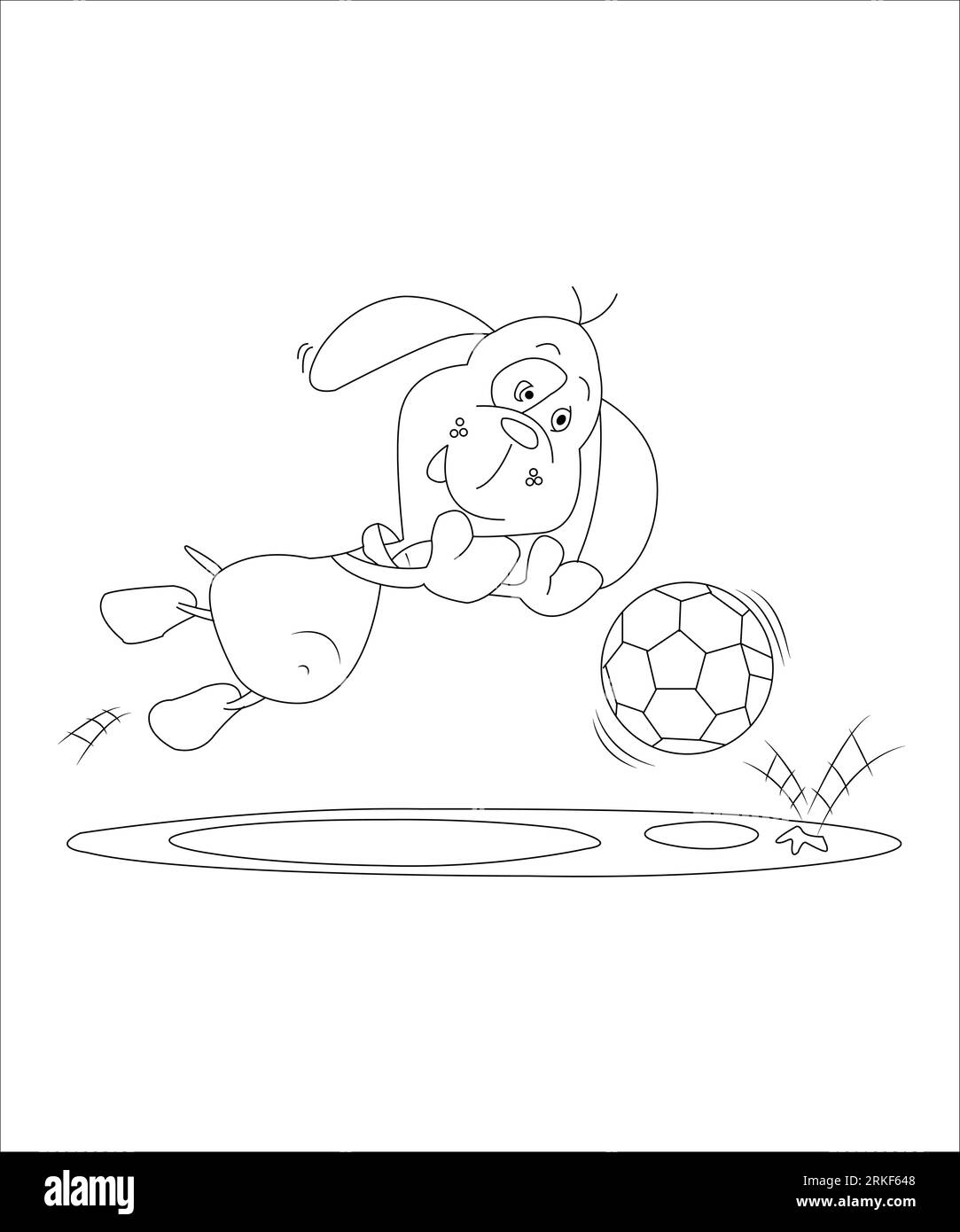 Coloring Page Outline Of cartoon boy with a soccer ball with dog. Football. Coloring book for kids. Cartoon illustration of a dog playing football Stock Vector