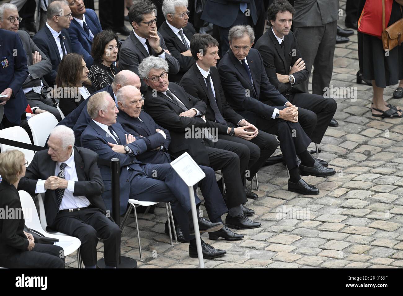 French businessman Francois Pinault, French businessman, chairman and CEO of Kering, Francois-Henri Pinault, European Commissioner for Internal Market, Thierry Breton, World's top luxury group LVMH head Bernard Arnault and CEO of LVMH Holding Company, Antoine Arnault during Jean-Louis Georgelin's national tribute held at the Hotel des Invalides in Paris, France on August 25, 2023. French former chief of staff of the armies and CEO of the Public Establishment in charge of the conservation and restoration of Notre-Dame de Paris cathedral, Jean-Louis Georgelin is dead on Friday, August 18th, at 7 Stock Photo