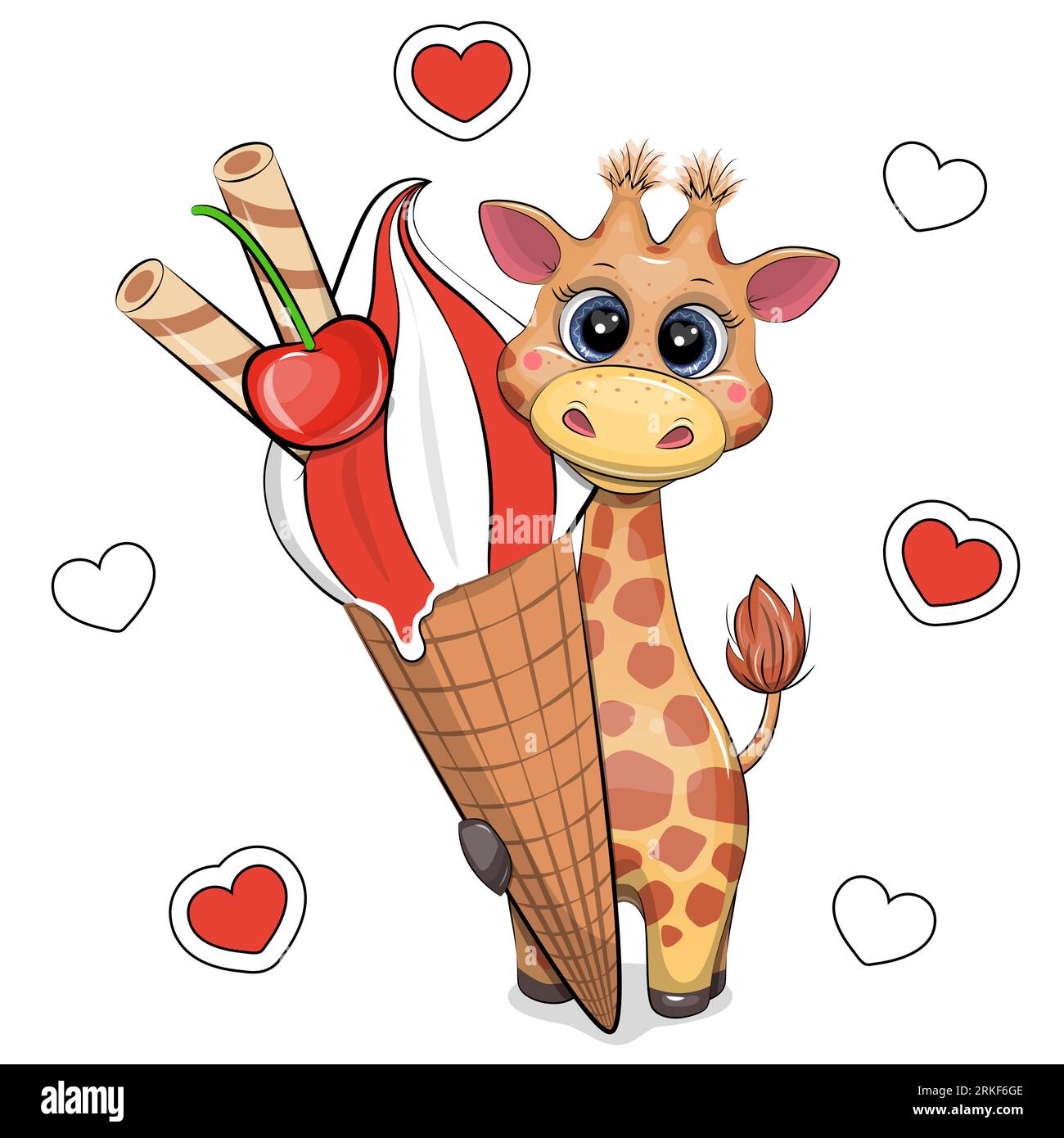 Cute cartoon giraffe with big ice cream. Summer animal vector illustration on white background with red hearts. Stock Vector