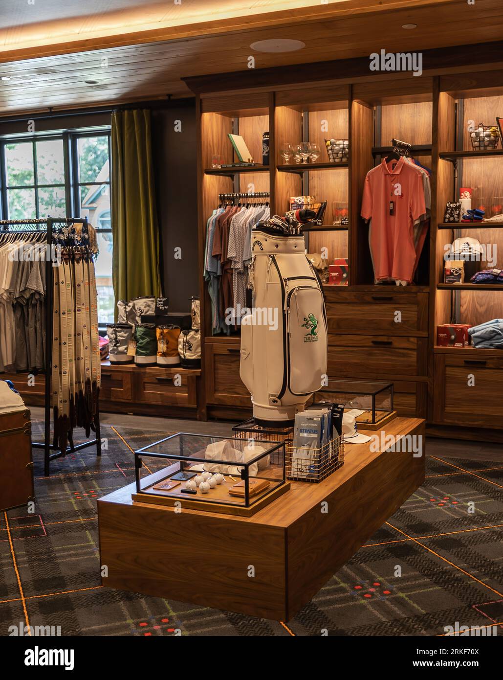 A professional golf shop located just outside of Boston, Massachusetts, featuring merchandise from Treehouse Brewing Stock Photo
