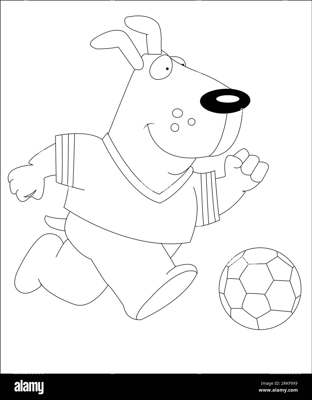 Coloring Page Outline Of cartoon boy with a soccer ball with dog. Football. Coloring book for kids. Cartoon illustration of a dog playing football Stock Vector